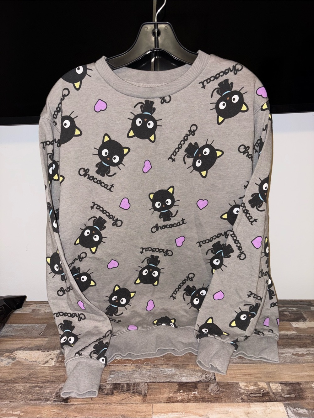 Bioworld Gray Chococat Graphic Sweatshirt with Pink Hearts